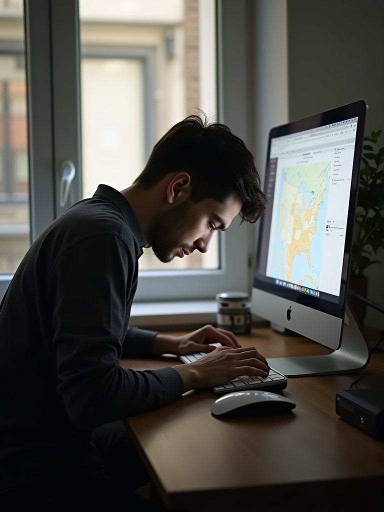 Individual focused on computer work. Side profile. Natural light from window. Modern workspace setting. Desk includes mouse and laptop. Person appears engaged in task.