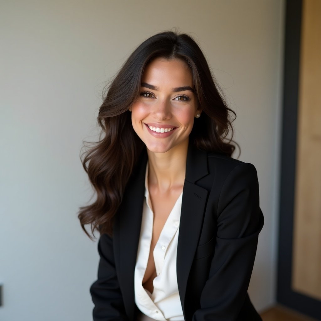 Young woman with long wavy dark brown hair. She has hazel eyes and a gentle smile. Wearing a black blazer over a white blouse. Soft lighting enhances her features. Minimalistic indoor background. She exudes charm and elegance.