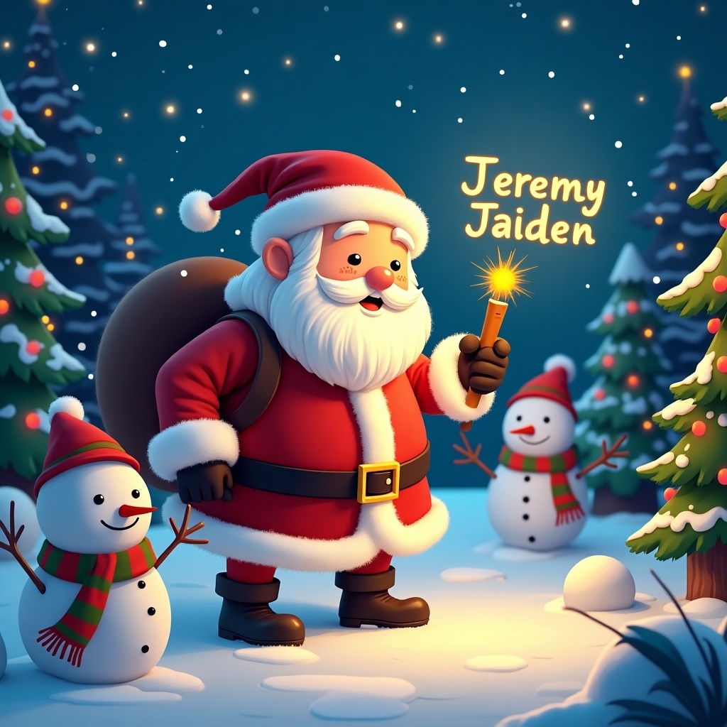 A magical Christmas scene featuring a jolly Santa Claus. He is dressed in his traditional red suit, holding a glow stick and writing the names Jeremy and Jaiden in the snowy landscape. Two cheerful snowmen are by his side, adding to the festive atmosphere. The background is lit with colorful Christmas lights, and there are evergreen trees dusted with snow. The night sky is twinkling with stars, creating a warm and enchanting holiday vibe. This illustration captures the spirit of Christmas and the joy of giving personalized gifts.