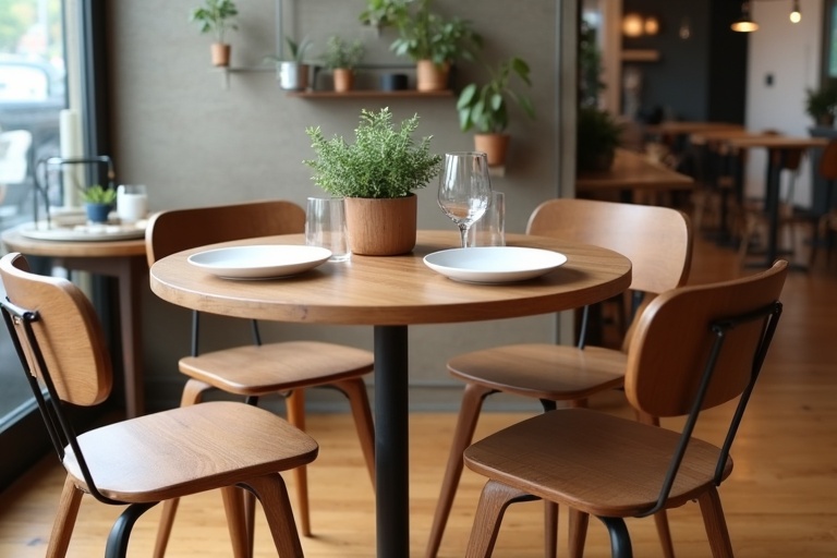 A modern coffee shop interior has a cozy atmosphere. A round wooden table has white plates a small plant in a pot and glasses. Four simple wooden chairs are around the table. The floor is wooden adding elegance to the space.