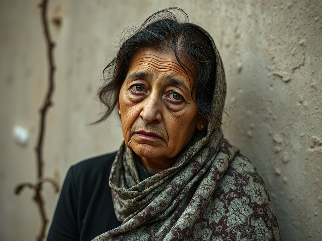 An elderly woman wearing a patterned shawl looks pensively at the camera against a textured wall.