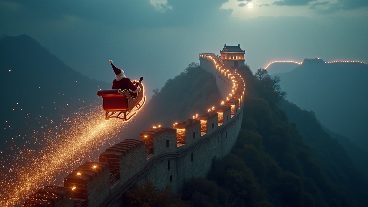 Magical aerial view with Santa in his sleigh flying towards the camera. Sleigh leaves a sparkling trail over the Great Wall of China. Warm lights illuminate the wall. High-quality shot on professional camera.