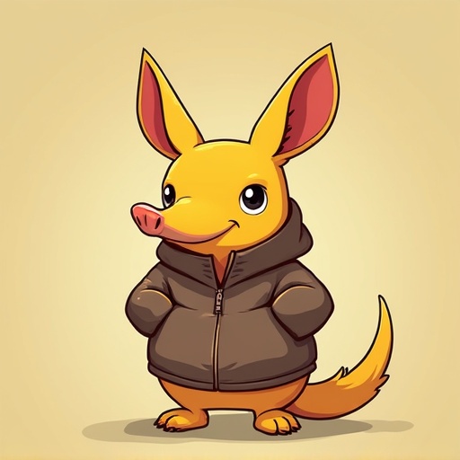 A cartoon aardvark character stands confidently wearing a brown hoodie. The character is bright yellow with large ears and a cute smile. The background is a simple beige color focusing on the character.