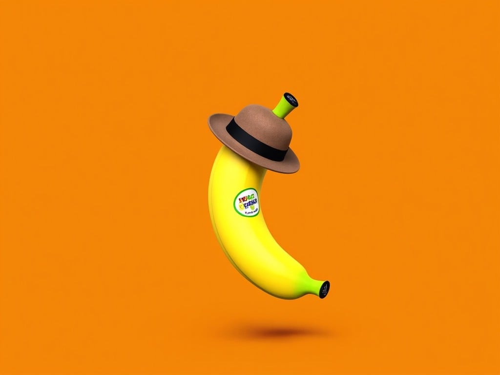 This image features a vibrant yellow banana that is playfully dressed with a brown hat. The background is a bright orange, enhancing the cheerful vibe of the scene. The banana has a label, adding to its whimsical character. The simplicity of the composition highlights the banana, making it the focal point. It evokes feelings of happiness and creativity, suitable for various fun and light-hearted contexts.