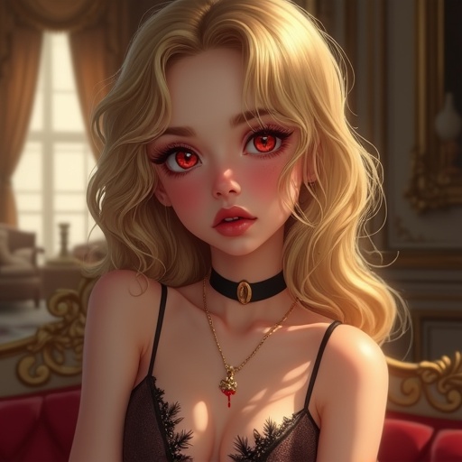 A digital illustration of a vampire girl with delicate features and serene expression. Skin softly illuminated with rosy cheeks. Blonde hair in loose waves and elegant gold jewellery. Wearing a latex zentai outfit with blood dripping. Set in a luxurious mansion.