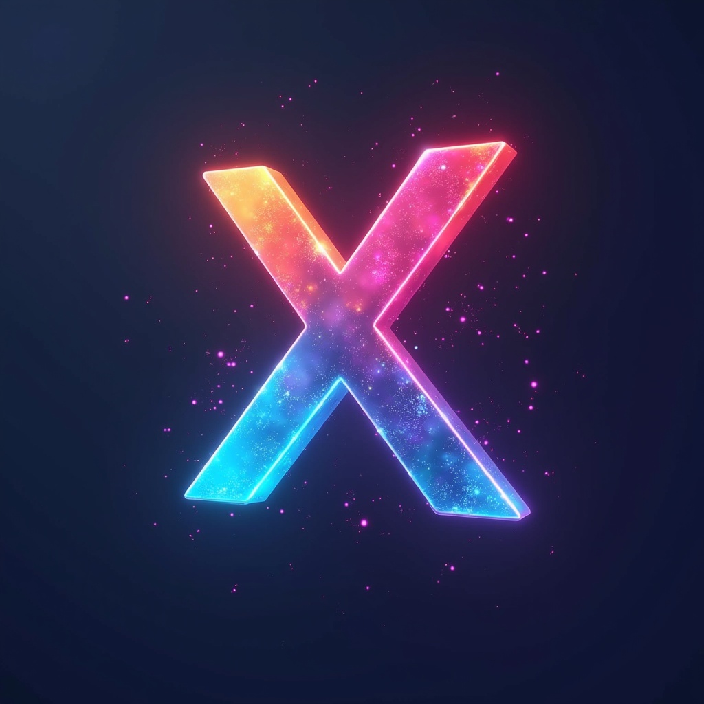 The image showcases a vibrant and colorful interpretation of the letter 'X'. It features a glowing effect that combines electric blue, pink, and purple hues. The three-dimensional aspect gives it depth, making it stand out against a dark background. This artistic representation is ideal for tech branding or digital art projects. The background is filled with subtle sparkles, enhancing the futuristic feel of the logo. It’s perfect for marketing purposes or as a visual element in videos.