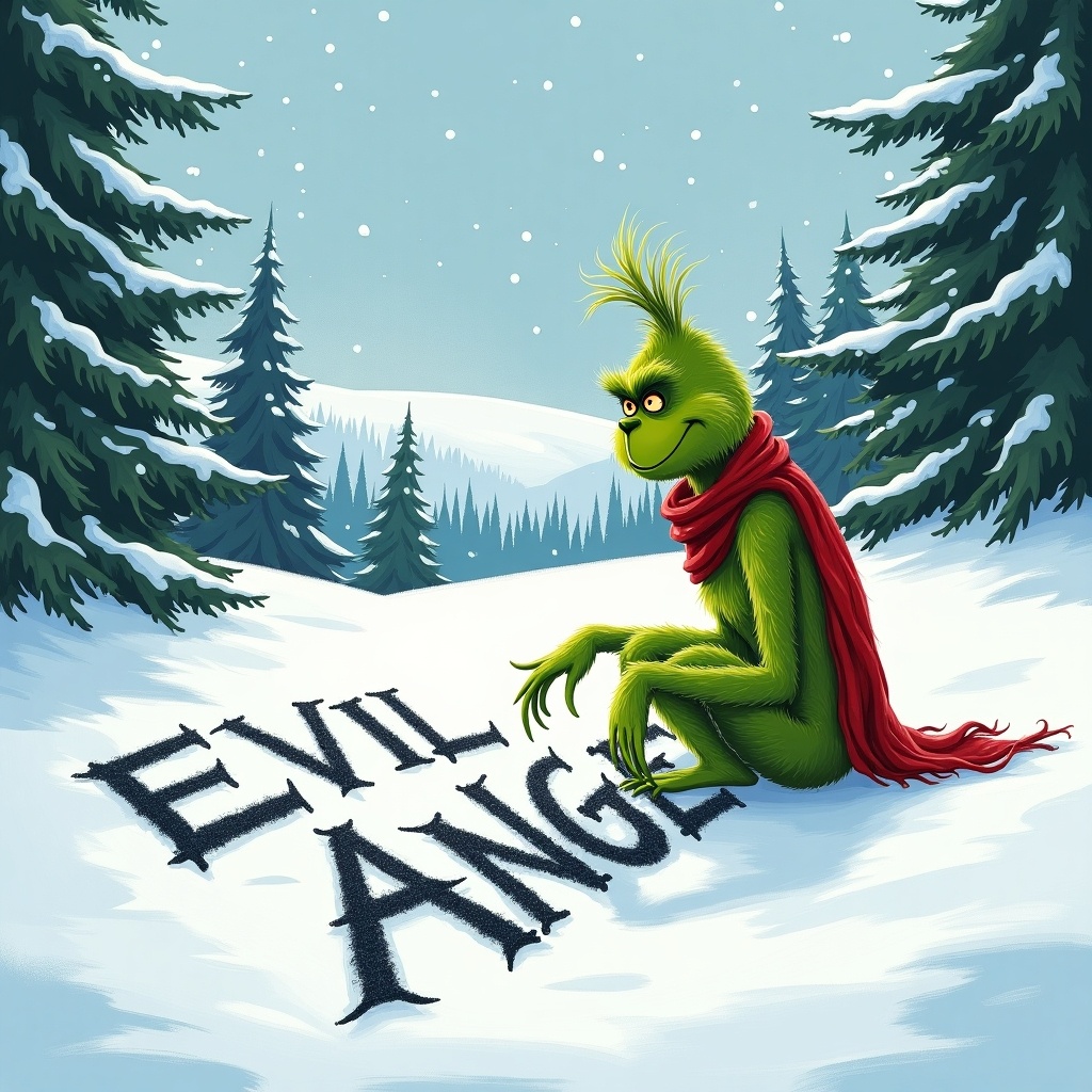 The Grinch writing Evil Angel in snow. The scene displays snow-covered hills and evergreen trees. The green Grinch wears a red scarf.