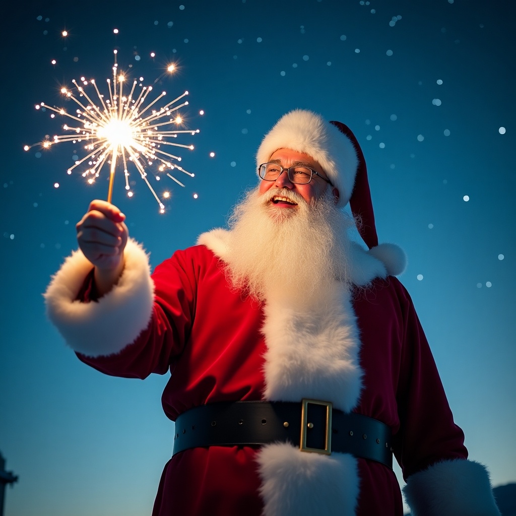 Santa Claus outdoors holding a sparkling wand. Bright starry sky. Writing something in the sky about medicines safety.