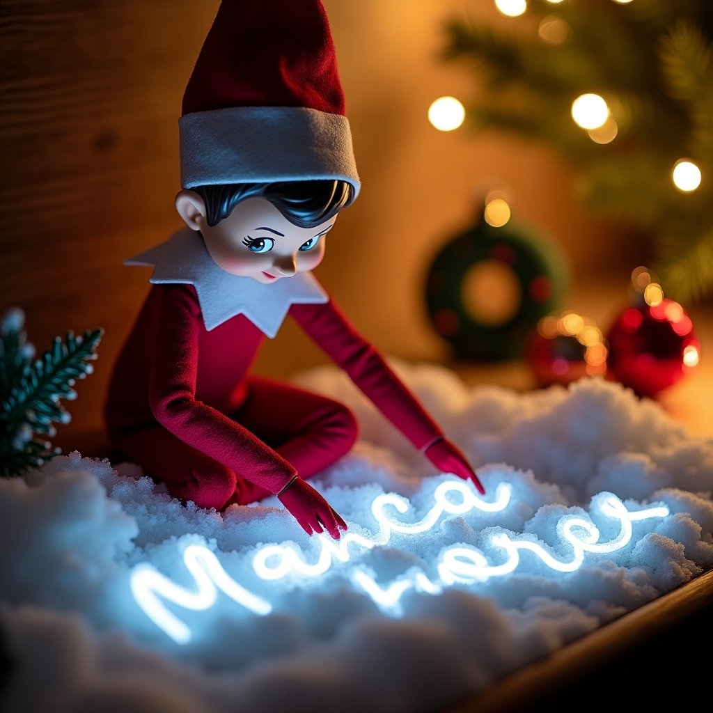 Elf on the shelf interacts with snow using magic lights. Cursive names are spelled out. A festive scene features holiday decorations. Soft glow enhances the winter atmosphere.