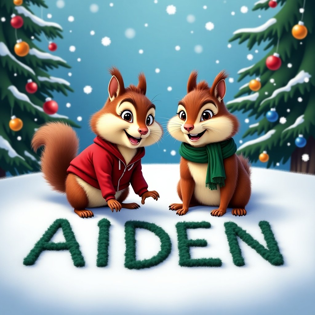 Two cartoon chipmunks smiling and playing in snow. They write 'AIDEN' in green, on a snowy ground. Christmas trees are in the background with falling snowflakes.