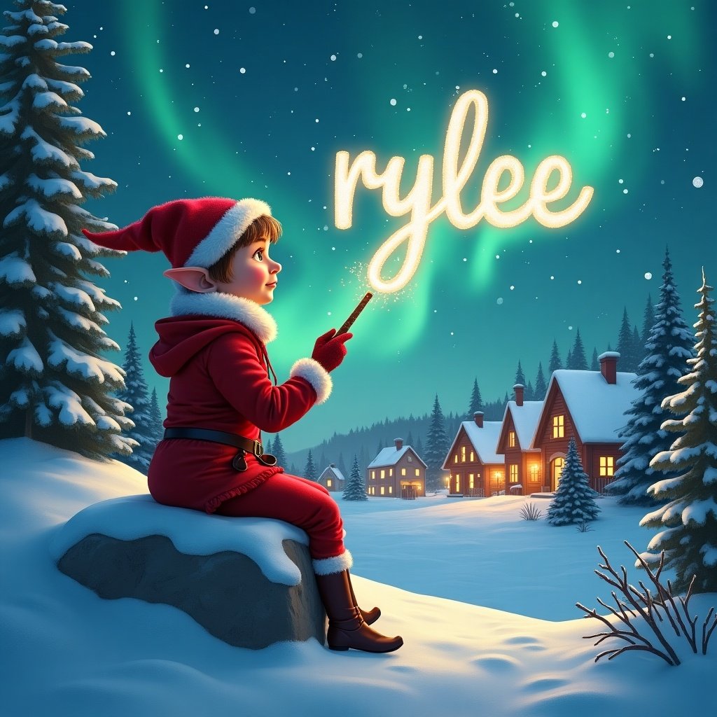 Enchanted Christmas artwork shows a young elf in red outfit. Elf sits on snowy rock. Elf writes name 'rylee' with a wand. Background has a serene village glowing under northern lights. Snow-covered trees enhance the atmosphere.