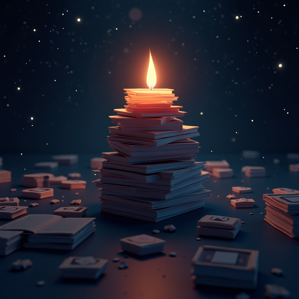 A stack of books forms a beacon with a candle flame at its peak, set against a starry night sky.