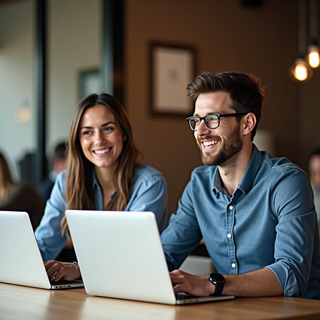 A man and a woman are sitting side by side, working on laptops and smiling.