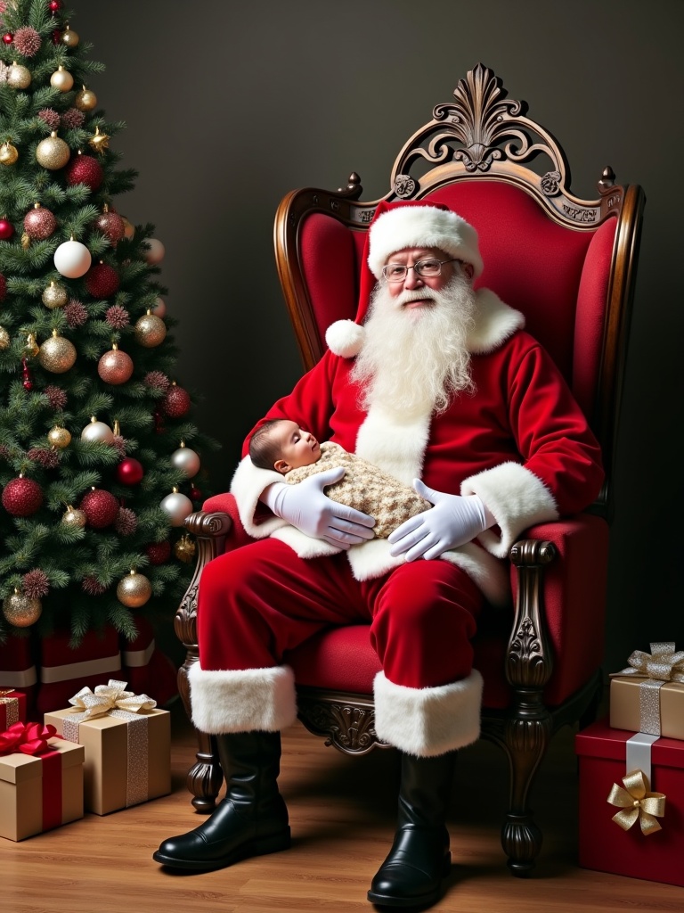 Santa Claus sits on a grand throne wearing a red suit. A Christmas tree is decorated with ornaments beside him. Surrounding him are wrapped presents. An infant is cradled in his arms. The atmosphere is festive and inviting.