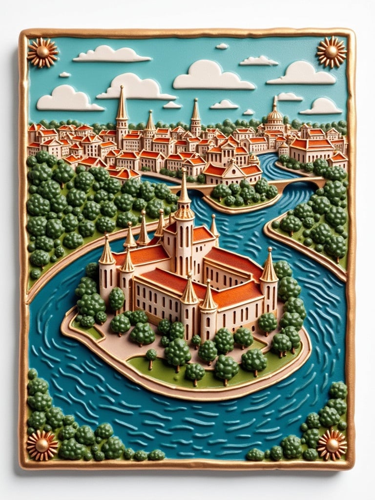 Mosaic design for a souvenir magnet of Belgrade Serbia. Include Kalemegdan fortress and two rivers in the scene. The design should have a colorful and artistic representation.