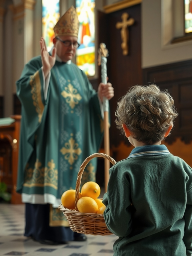 In a serene church interior, a boy stands with his back to the viewer, holding a basket of oranges. Facing him is a clergyman dressed in ceremonial robes, giving a blessing. The space is adorned with stained glass windows and a cross, conveying a sense of spiritual sanctity and reverence.