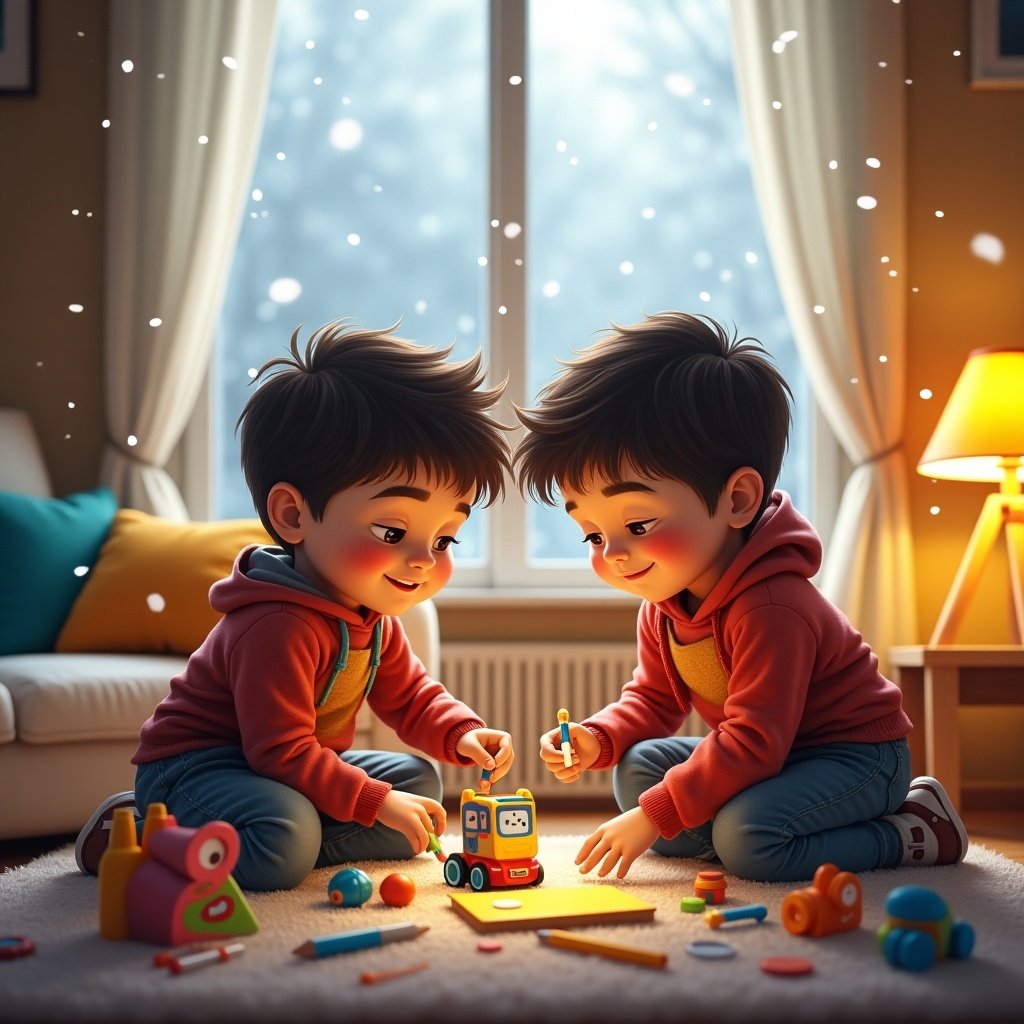 Two children playing in a living room during a snowstorm. One child is holding a toy car, while the other is drawing. Room has a cozy atmosphere with natural light and soft colors. Hair color and other details of the children are blurred for privacy.