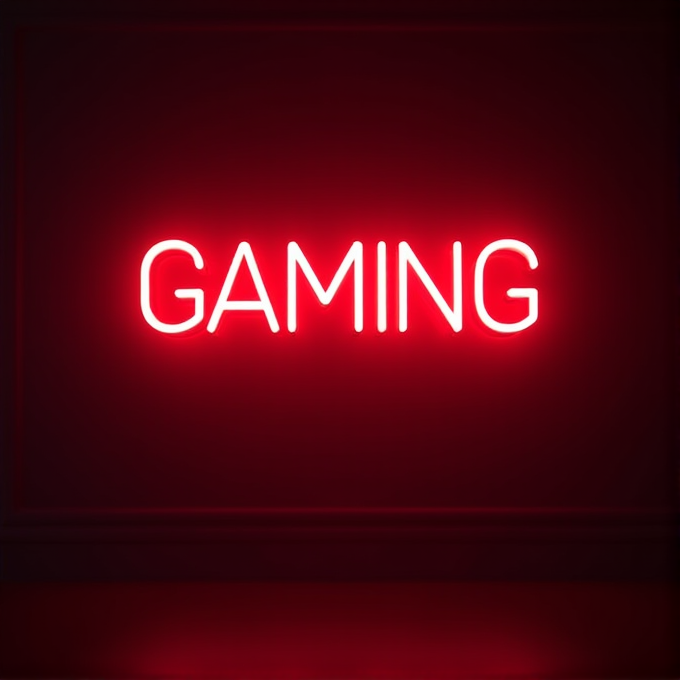 A red neon sign displays the word 'GAMING' against a dark background, casting a subtle glow around the letters.