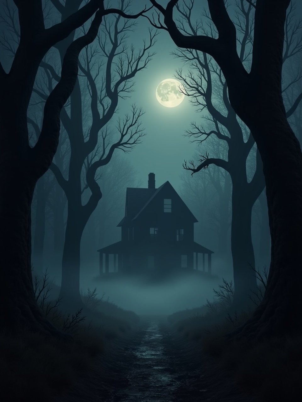 Moody scene of a haunted house in a foggy forest. Trees with bare branches surround the house. A full moon illuminates the scene.