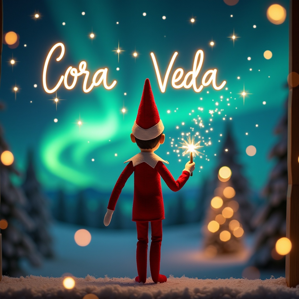 An enchanting Christmas scene showcases an elf on the shelf. The elf, dressed in vibrant red and white, is depicted from behind, gazing at the captivating northern lights. With a twinkling magic wand, the elf writes the names 'Cora', 'Harper', and 'Veda' in glowing letters above. The background includes a beautifully decorated Christmas tree and a wintery landscape. The ambiance is filled with warmth and festive cheer, capturing the essence of the holiday season with a touch of whimsy.