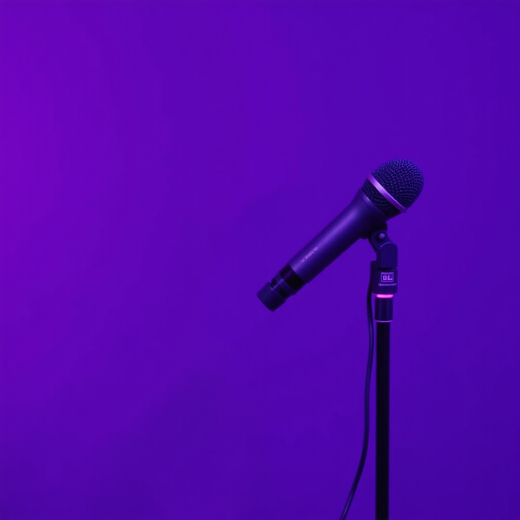 A microphone on a stand set against a purple backdrop.