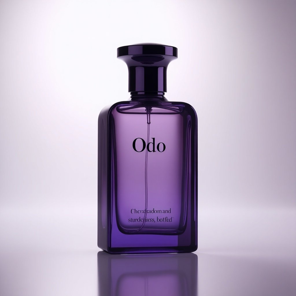 Photo of a purple elegant perfume bottle with minimalist light background featuring the label Odo. The text reads The wisdom and sturdiness, bottled.