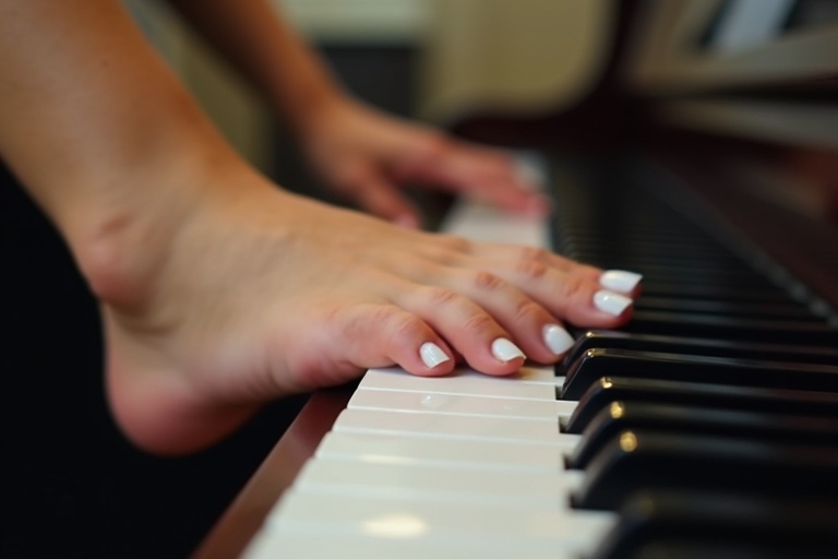 A woman's feet with white toenail polish positioned over piano keys. Side view focused on the elegant connection between the feet and piano. No hands visible.