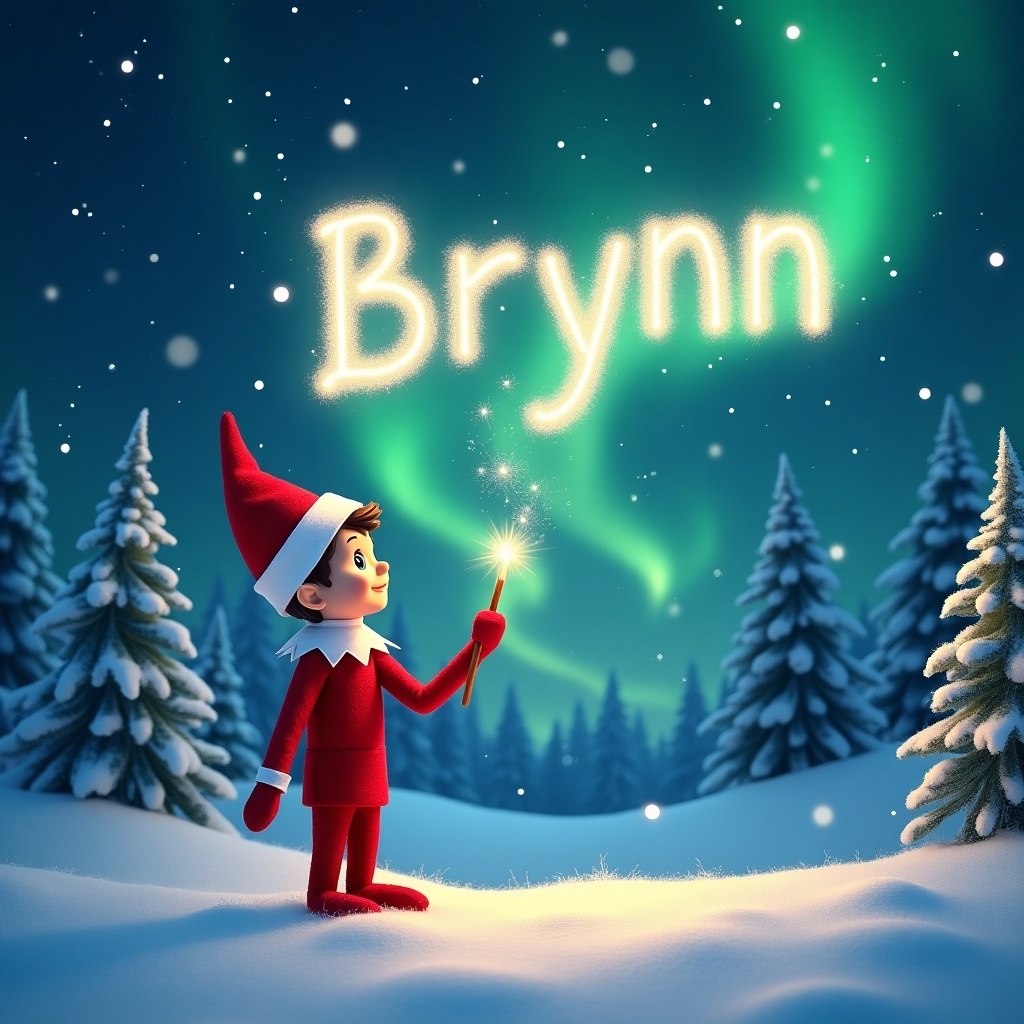 A winter scene featuring a boy Elf on the Shelf writing the name Brynn in the sky with a magic wand against the northern lights in the background.