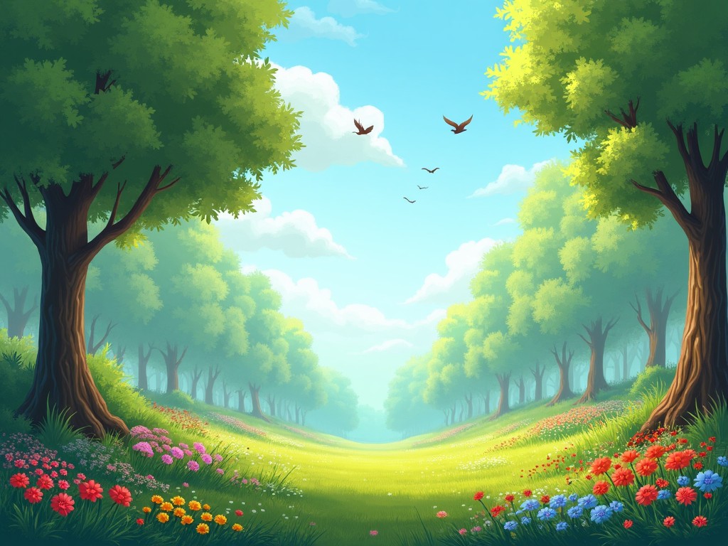 A vibrant and picturesque forest scene unfolds with luscious green trees on either side. Colorful flowers bloom in a variety of hues, bringing life to the meadow. The sky is a brilliant blue with fluffy white clouds drifting by. Birds can be seen flying gracefully across the sky, adding to the sense of peace and tranquility. Soft sunlight filters through the leaves, casting gentle shadows on the ground. This idyllic environment invites anyone to take a stroll and enjoy the beauty of nature.