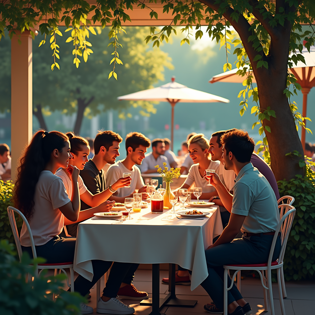 A group of friends enjoy a meal at an outdoor restaurant under a tree, bathed in warm sunlight.