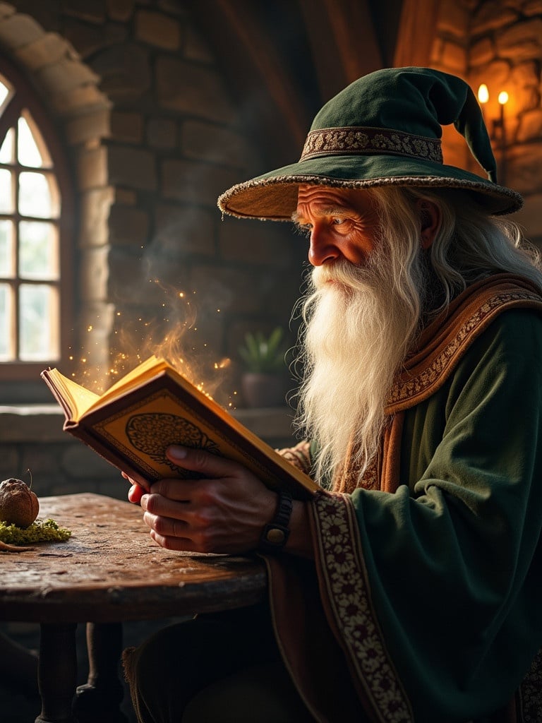 A wizard reads from a glowing spellbook. Long white beard. Wearing a green robe and hat. Sitting at a wooden table. Inside a warm medieval house. Enchanted atmosphere. Magical glow emanating from the book.