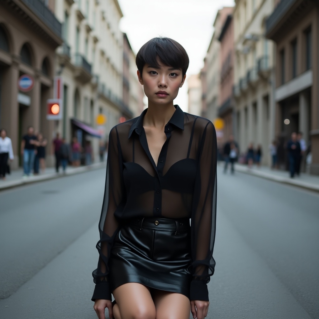 A woman kneels gracefully on an empty city street, showcasing a chic urban look. She has a short haircut and is dressed in a sheer black blouse paired with a black leather skirt. The cityscape serves as a blurred backdrop, ensuring that all attention remains on her. Soft lighting surrounds her, enhancing the elegance of the scene. People in the distance add a hint of movement, contrasting with her stillness.