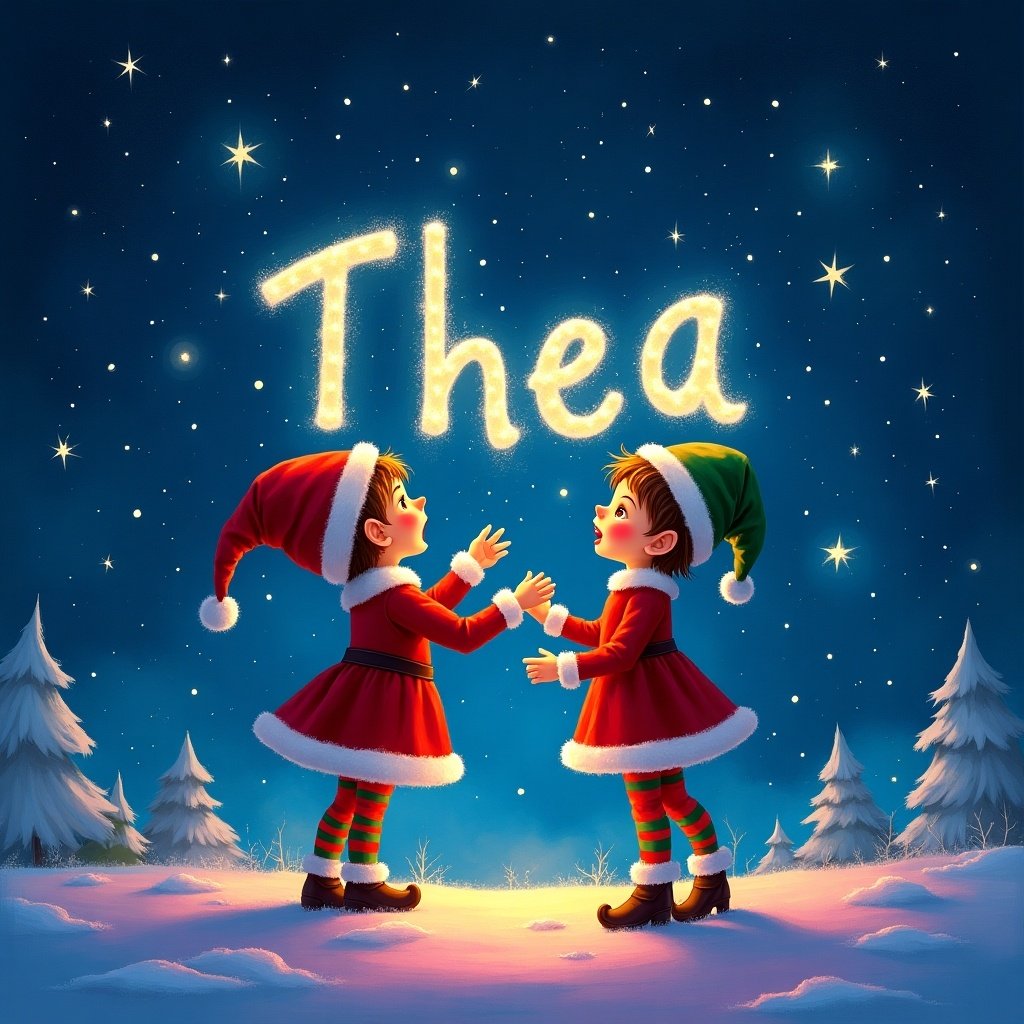 A dreamy night picture. Two elves writing the name Thea in the night sky. Christmas colours. Twinkly stars. Rainbow colours.