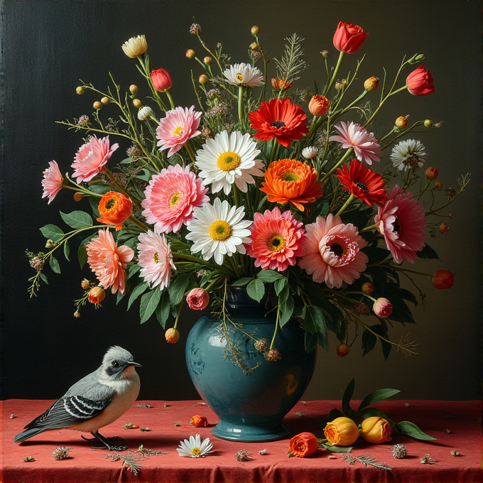 A vibrant still life featuring a lush bouquet of multicolored flowers in a turquoise vase beside a small bird, all set on a rich red tablecloth.