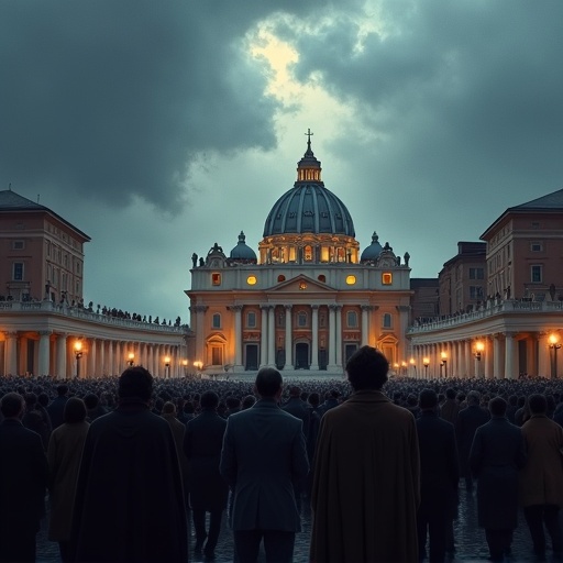 Realistic digital painting of the Vatican in mourning with dark clouds over St. Peter's Basilica and silent crowds gathered to create a somber atmosphere.