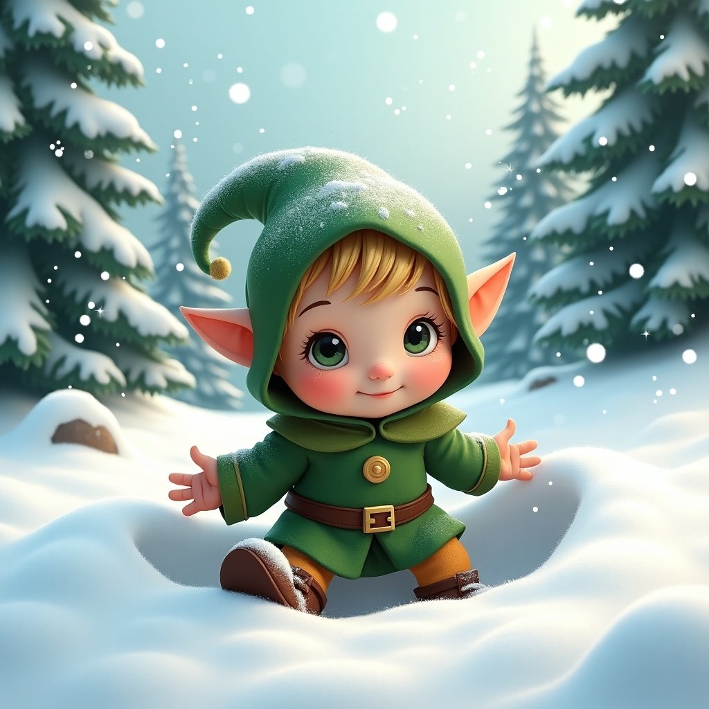 Elf character dressed in green stuck in snow. Snowy background with trees. Character has cheerful expression and poses with arms outstretched.