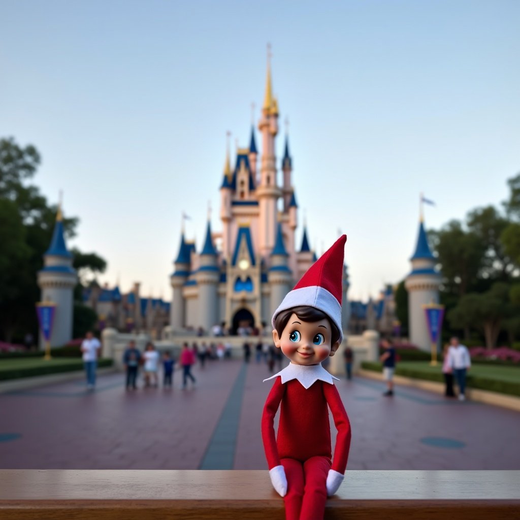 Image features an elf on a shelf in front of Cinderella's Castle at Disney. Elf wears a red and white outfit and sits on a ledge. Castle stands majestically in the background with bright colors.