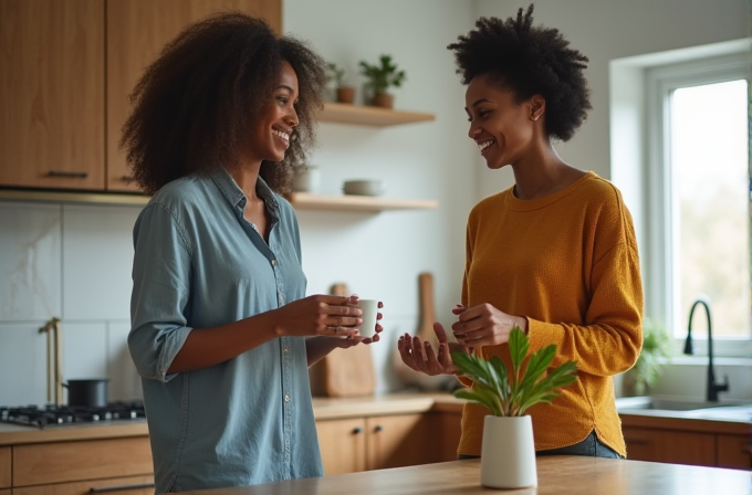 Two people happily chatting in a kitchen with a cup of coffee and a small plant on the counter.