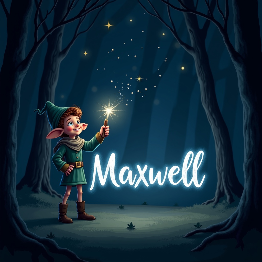 An elf stands in a dark forest at night. The elf wields a magical wand. The wand glows brightly. 'Maxwell' is created with sparkling letters. The letters shine white and light blue. The dark surroundings enhance the magical scene. The elf's expression is focused and joyful. Trees line the background, creating a serene atmosphere.