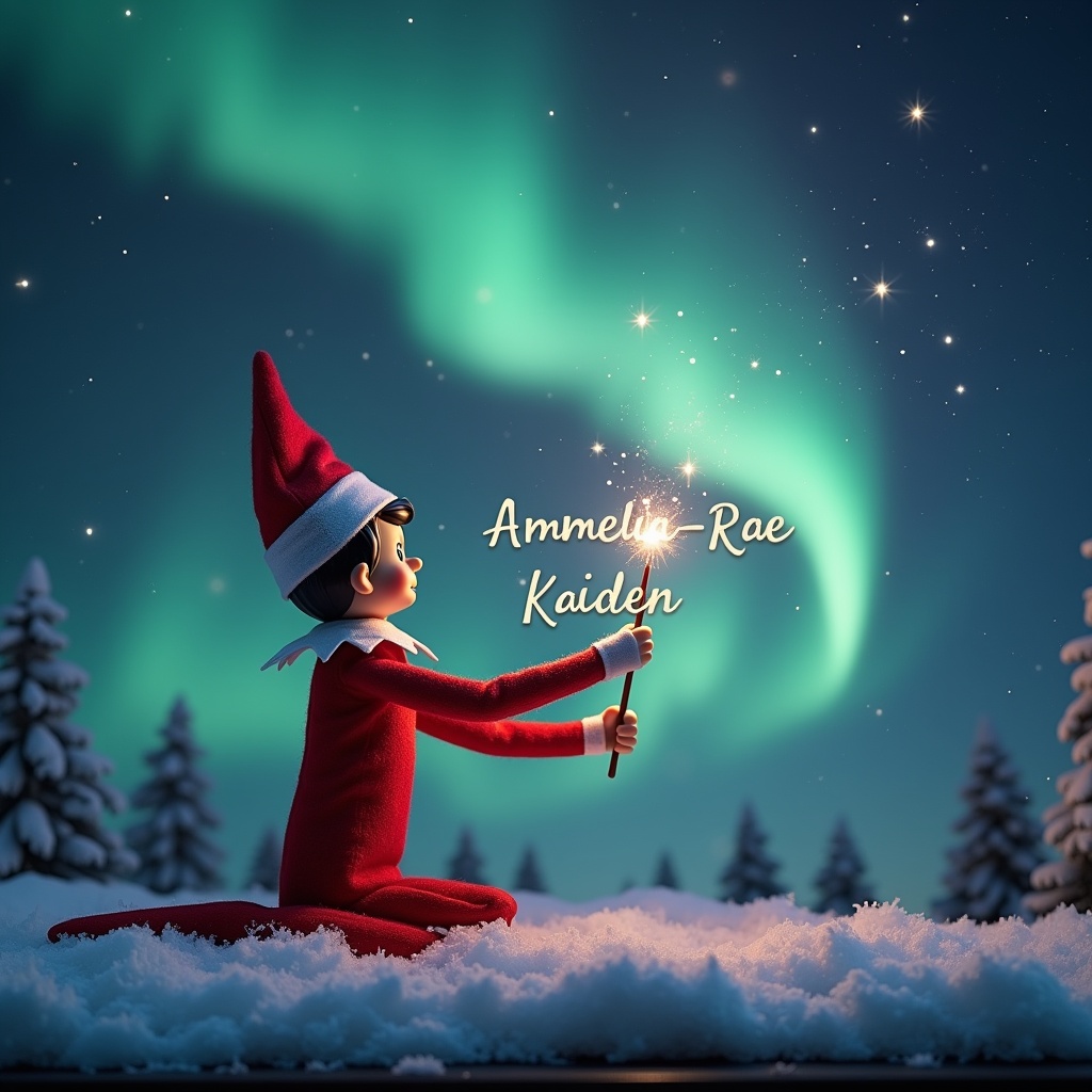 This image showcases an elf on the shelf positioned with its back to the viewer. The elf, dressed in a traditional red outfit, is facing up towards a beautiful dark sky filled with vibrant northern lights. With a magic wand in hand, it is elegantly writing the names Ammelia-Rae and Kaiden in sparkling letters against the backdrop. The snowy ground adds a serene touch to the magical scene. The overall atmosphere is filled with wonder and holiday joy, perfect for capturing the essence of Christmas.