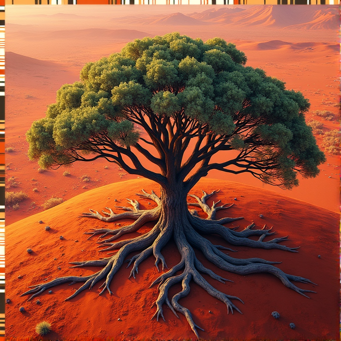 A vibrant tree with lush green leaves and exposed roots stands alone on red sand in a desert landscape.