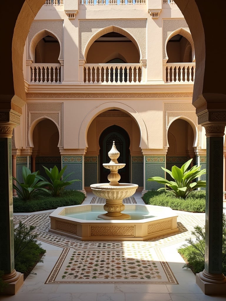 Image of a Moroccan palace courtyard with intricate details. It features traditional Islamic architecture with elegant arches. There are vibrant mosaic tiles and symmetrical geometric patterns. The scene is illuminated by warm golden sunlight. A large marble fountain sits at the center, surrounded by lush green plants. The atmosphere reflects exquisite medieval craftsmanship.