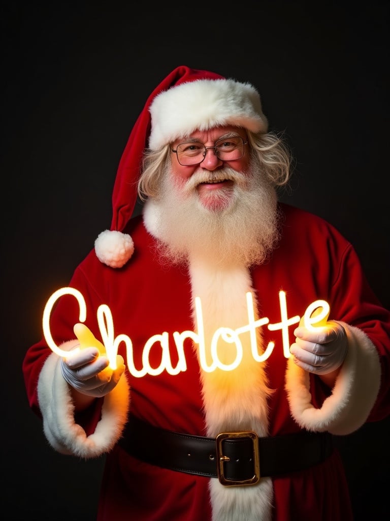 Image features Santa Claus wearing a traditional red suit. Santa holds glow sticks that spell the name Charlotte. Jolly expression of Santa conveys warmth and holiday cheer. Dark background emphasizes the glowing effect of the name. Captures the magic and joy of Christmas season.