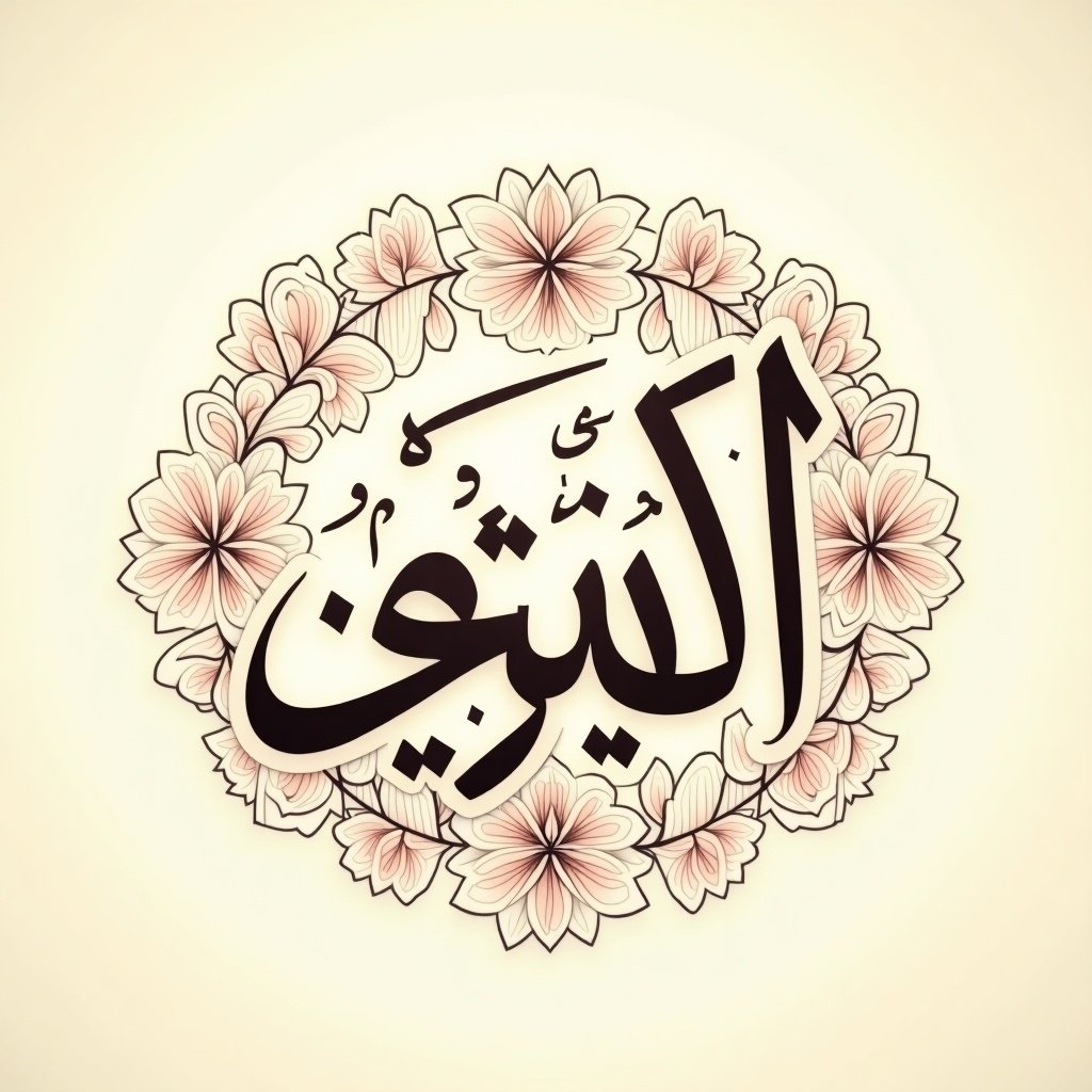 Artistic representation of Arabic text with floral motifs. The text says 'التيقن' surrounded by a decorative floral wreath. Emphasizes beauty and spirituality through design.