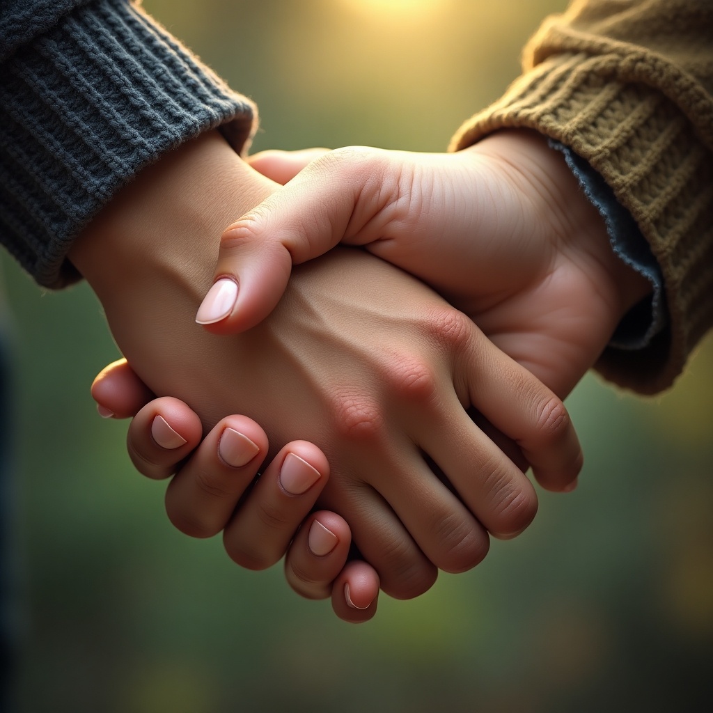 This image features the interlocked hands of two people, symbolizing unity and togetherness. The hands are shown in a close-up perspective, highlighting the details of their grip. The setting includes a beautiful natural background, softly lit by warm sunlight. This creates an inviting and intimate atmosphere, suggesting companionship and support. The colors are earthy and comforting, enhancing the emotional impact of the image.