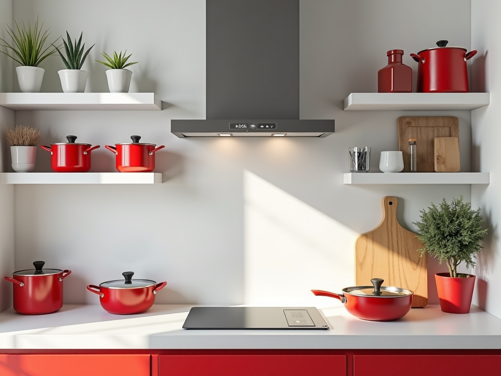 A modern kitchen with red cookware and minimalist decor.