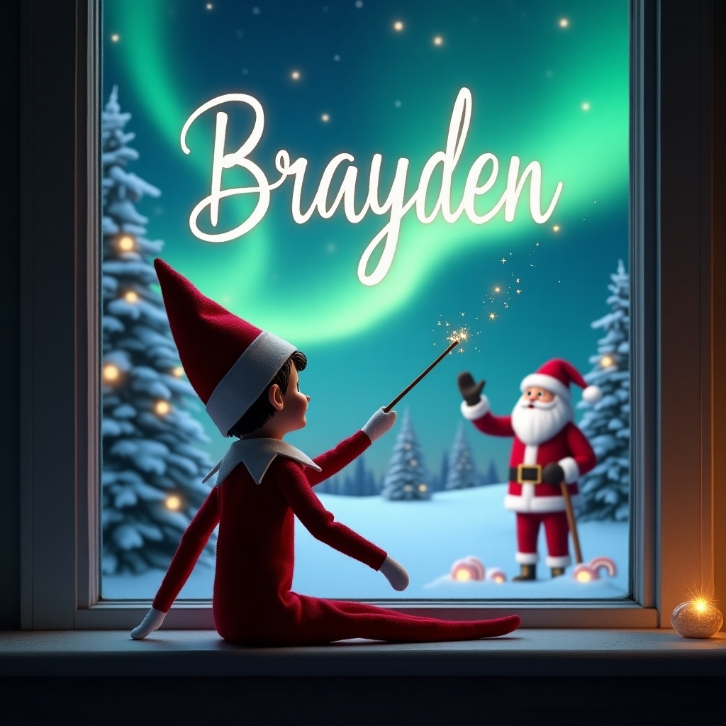 Elf on the shelf sitting on a windowsill facing a night sky. Elf uses a wand to write the name 'Brayden'. Santa appears in the background with snow-covered trees and stars. Northern lights illuminate the sky. Setting is festive and enchanting for the holiday season.