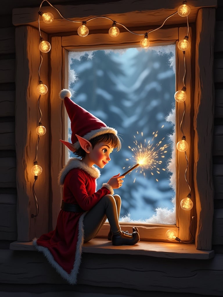 Elf in red outfit sits by a cozy cabin window. Cabin decorated with glowing lights. Elf holds a sparkling wand. Snowy landscape seen outside the window. Warm atmosphere.