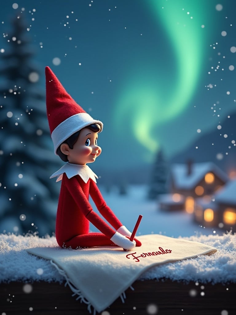 A charming Elf on the Shelf sits on a ledge writing names on a fluffy white cloth. The elf wears a red outfit with a white collar and hat. Soft snowflakes fall around in a whimsical winter setting. The background shows a deep blue sky with Northern Lights and fairy lights illuminating a cozy village. Joy and wonder fill the atmosphere in this Christmas scene.