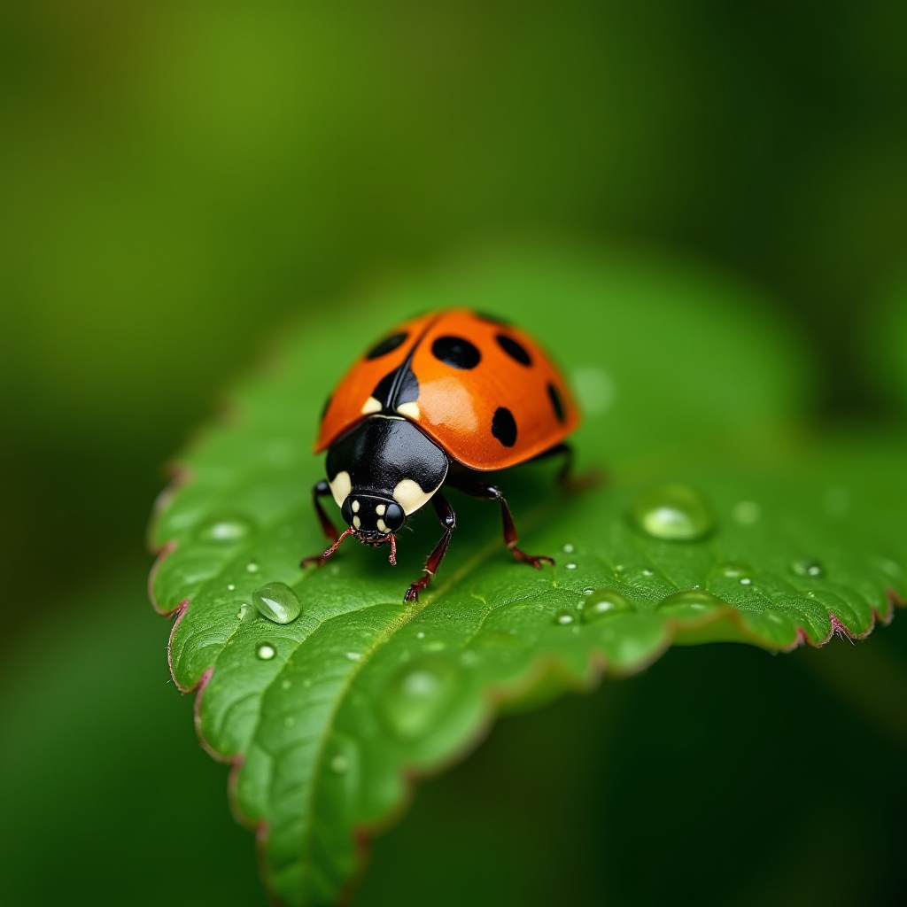 A vibrant ladybug perched on a dew-covered leaf, set against a lush green backdrop.